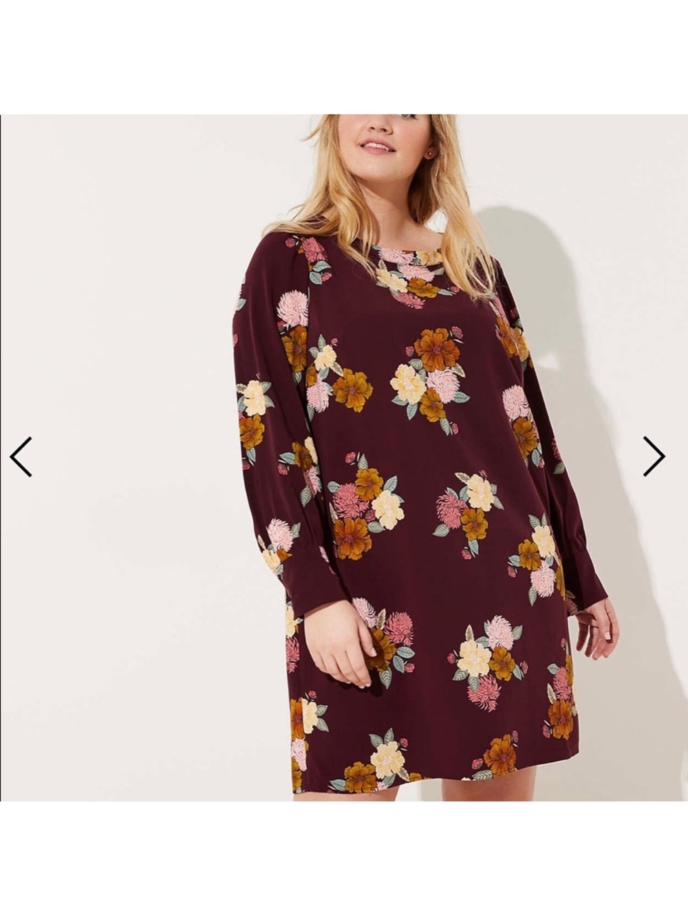 LOFT Petite Plus Floral Cuffed Shift Dress Long Sleeved Maroon 16P